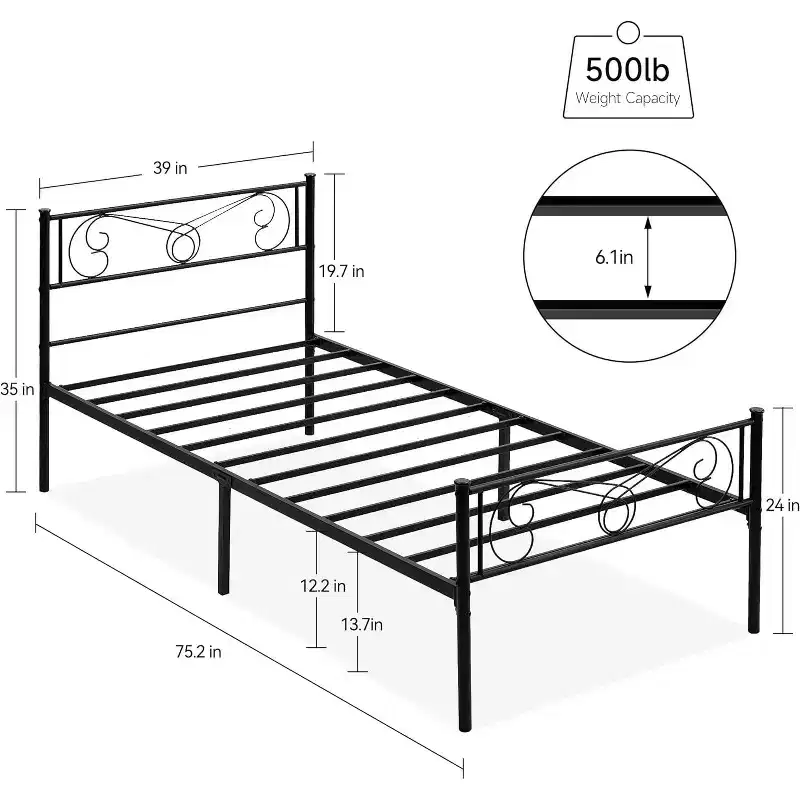 Twin Bed Frames for Kids, Platform Metal Bed Frame with Headboard & Footboard,Heavy Duty Bed Slats Support, No Box Spring Needed,Noise Free,Black