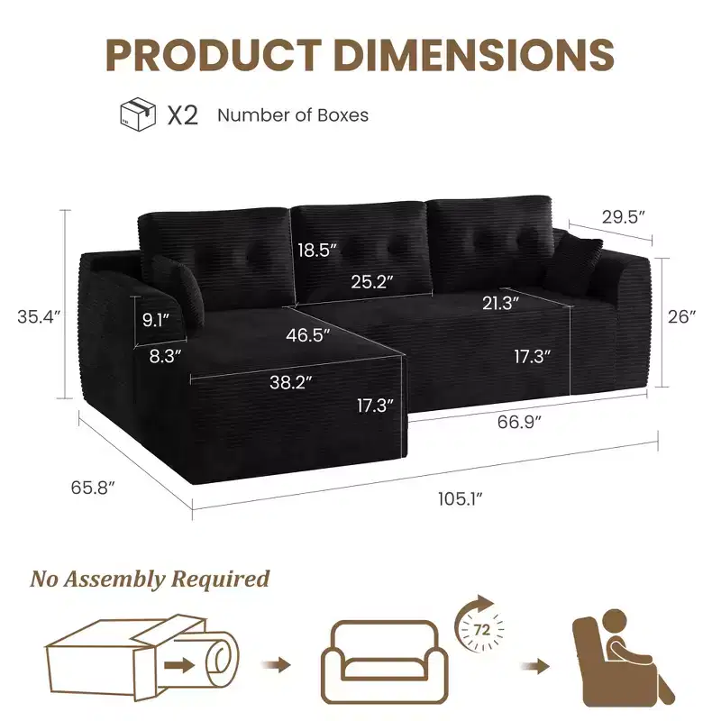 105'' Modular Sectional Sofa with Deep Deat, Cloud Couch Sectional with Oversized Chaise, No Assembly Required Sofa Bed for Living Room, Bedroom