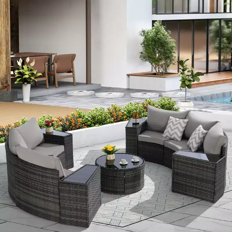 Half-Moon Outdoor Sectional Sofa Set Round Patio Chat Conversation Set Garden Seating Group with Tempered Glass Coffee Table - ModernLuxe