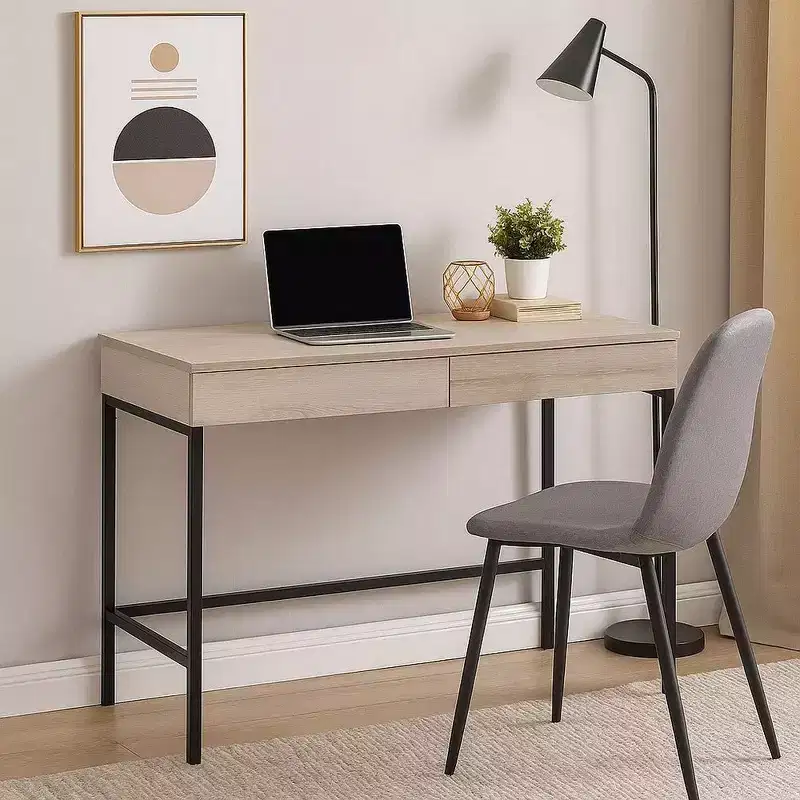 Wooden Desk with 2 Drawers and Metal Frame, Washed White and Black