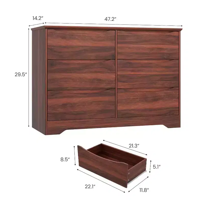 Modern Wooden Dresser with 6 Deep Drawers, Large Storage Chest with Wide Top Surface, Long Bedroom or Living Room Organizer Cabinet