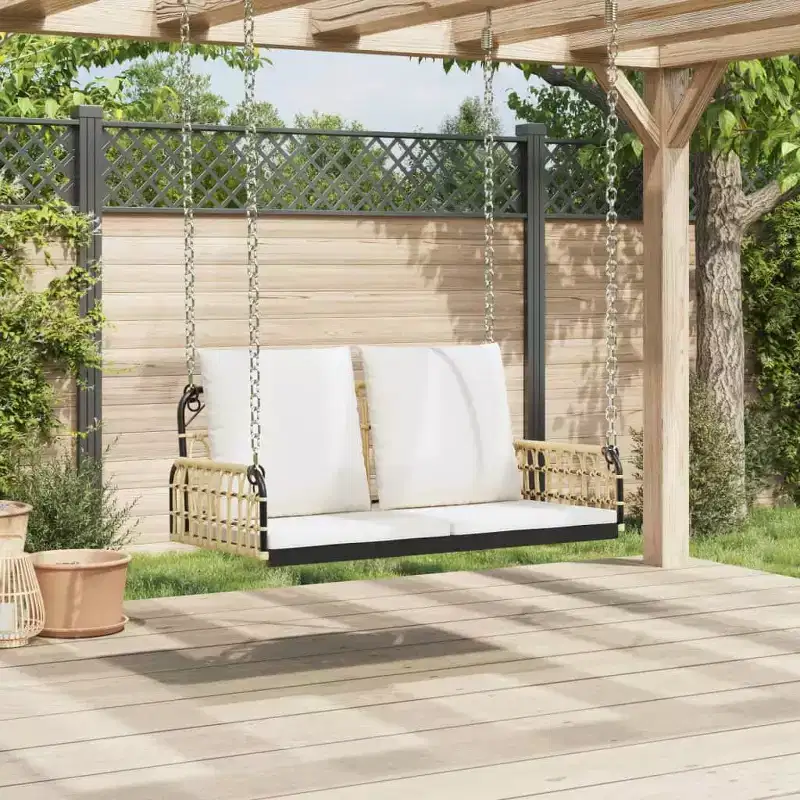 vidaXL Swing Bench Brown, Black, Cream White PE rattan, Powder-coated steel