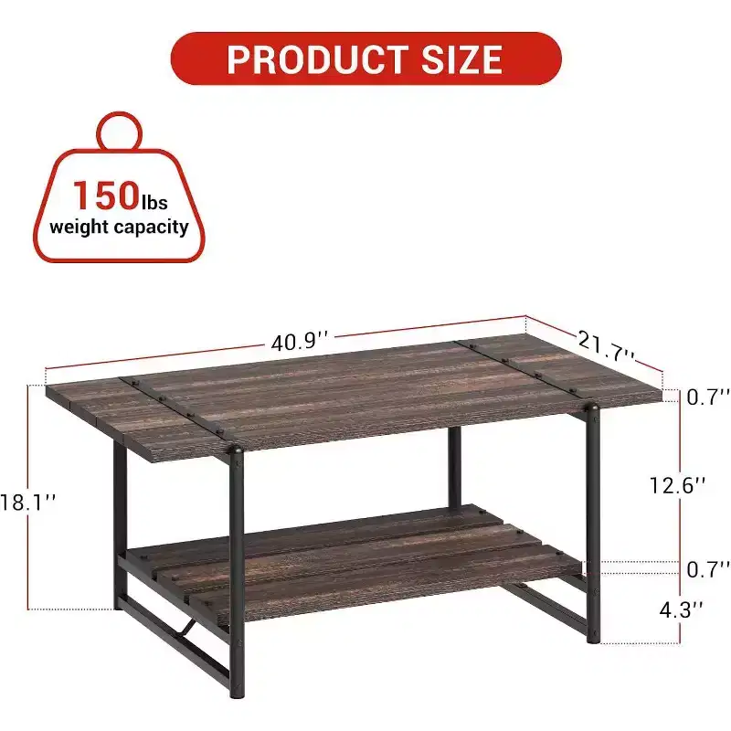 Acekool 2-Tier Coffee Table with Storage Shelf, Farmhouse Industrial Wood & Metal Center Table for Living Room, Office
