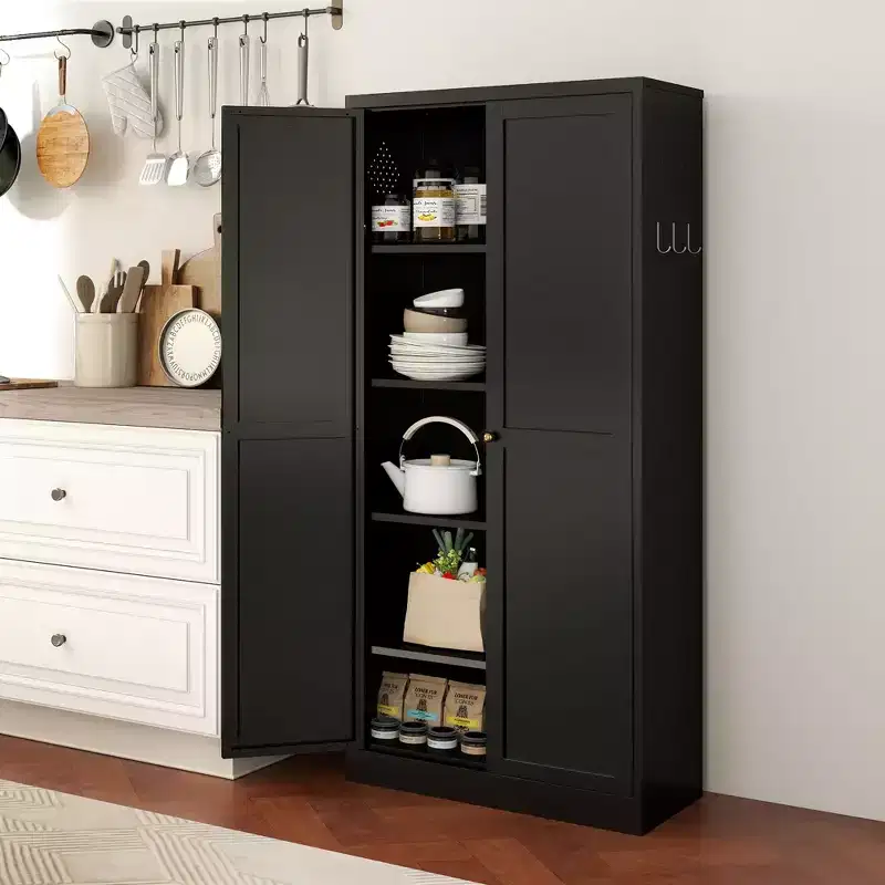 Metal Kitchen Pantry Cabinet – 4 Adjustable Shelves, 110 lbs Each, Farmhouse Style, 66