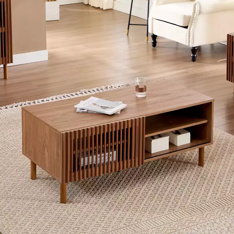 Modern Coffee Table with Storage, 44 Center Table with Fluted Sliding Doors and Dual Side Storage Shelves, Solid Wood Legs for Living Room