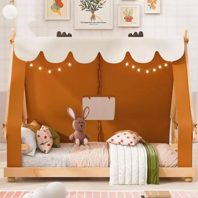 Twin/Full House-Shaped Floor Canopy Bed with Tent & Light Decor - Kids & Teens Platform Bed