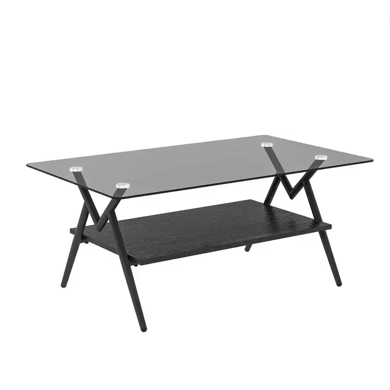 Modern Glass Coffee Table, Rectangular Tempered Top, Black Metal Legs, Easy Assembly, for Living Room, Office, or Contemporary Spaces
