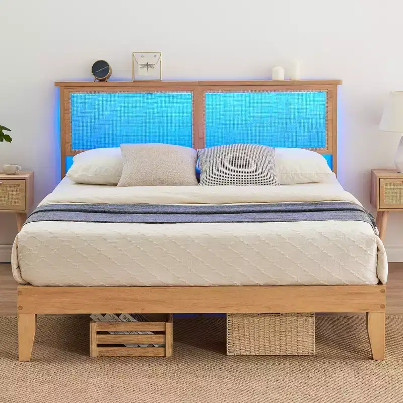 Bed Frame, Bed Frame with Rattan Storage Headboard, Adjustable LED Lights, Wooden Support Legs