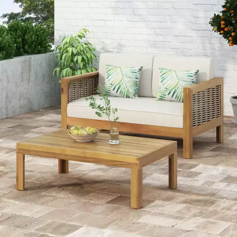 Outdoor Patio Furniture Set, Acacia Wood Conversation Set with Wicker Accent Chairs, Loveseat, and Coffee Table - Merax