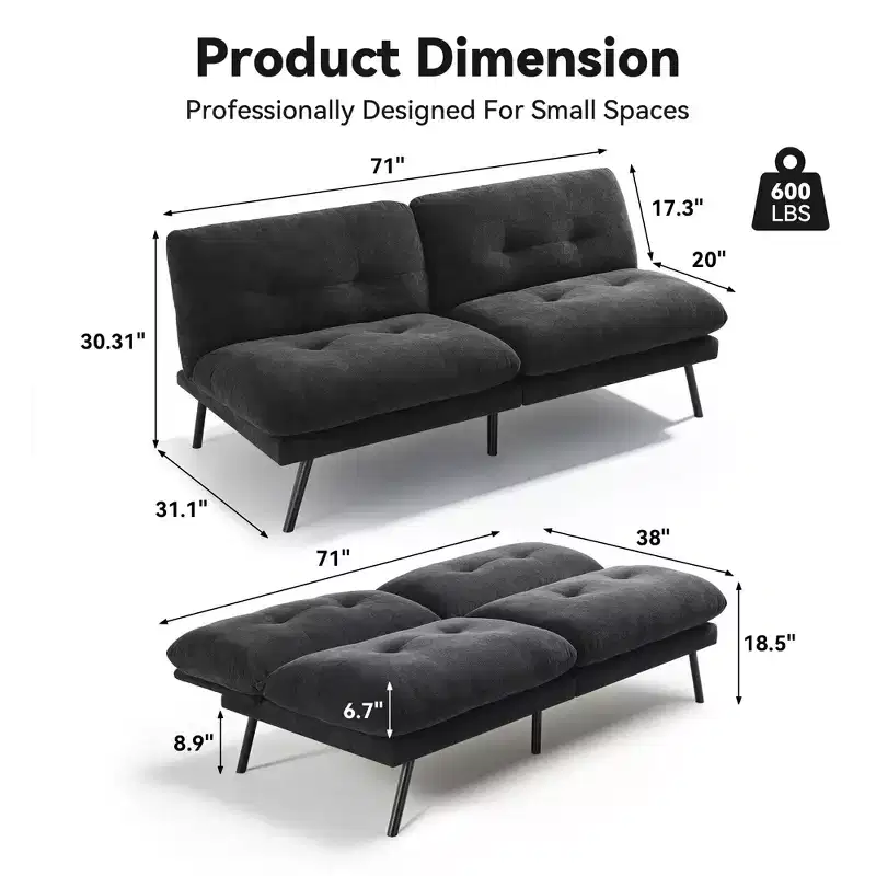 MUUEGM 72 Convertible Futon Sofa Bed, Terry Cloth Couch with Adjustable Backrest & Washable Covers for Small Spaces, Living Room