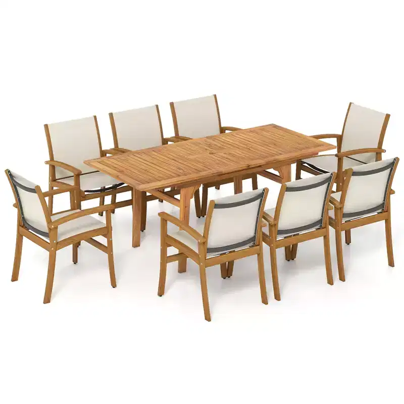 Gymax 9PCS Acacia Wood Outdoor Dining Set w/ 1.97 Umbrella Hole for Backyard Garden Natural & Gray