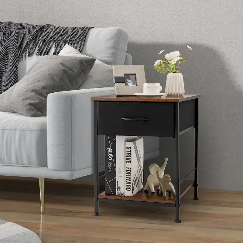 2-Tier Industrial Nightstand with Foldable Drawer and Open Shelf – Industrial Brown, Set of 2