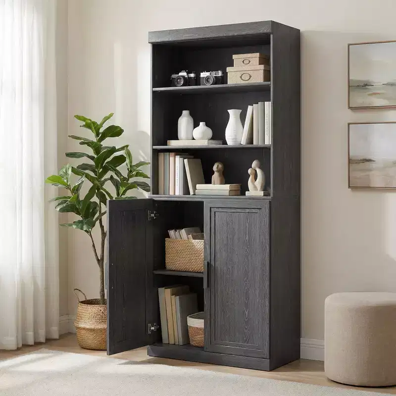 72 Black Wooden Bookshelf Storage Cabinet with Adjustable Shelves and 2 Doors for Living Room