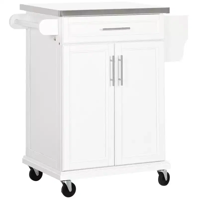 White Stainless Steel Top 33 in. Kitchen Island Cart with Utility Storage, Drawers, Spice Rack, Towel Rack, and 4 Wheels