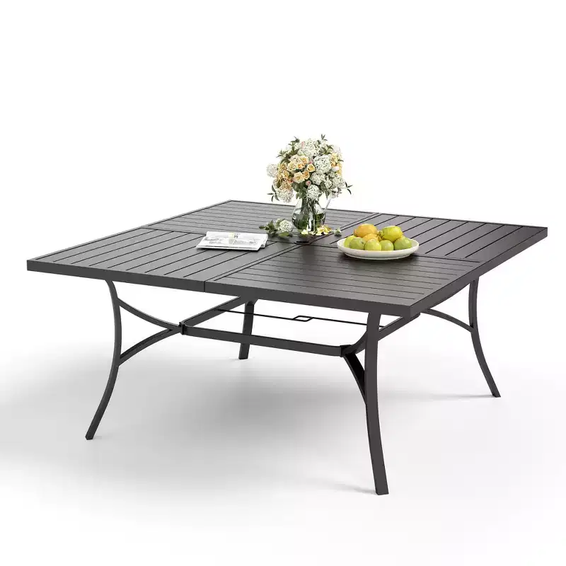 Captiva Designs 9pc Patio Slat-top Square Metal Dining Table & Stackable Textilene Aluminum Chairs