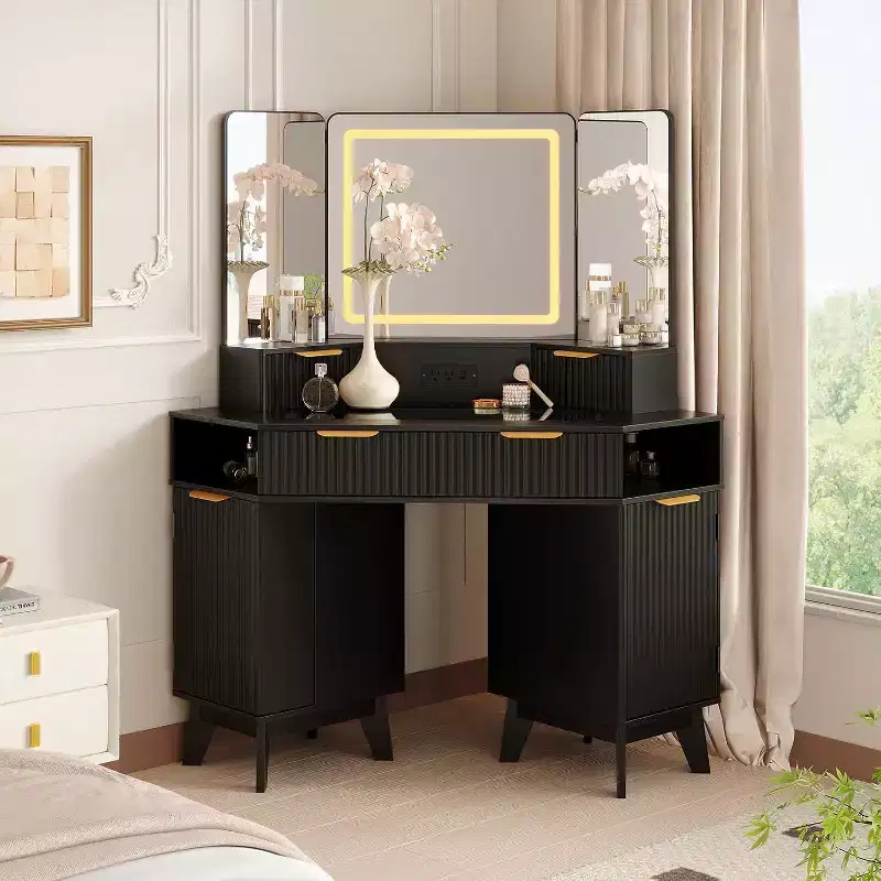 48 Inch Fluted Makeup Vanity Desk with Mirror and Lights, Charging Outlet & 3-Panel Lighted Mirror