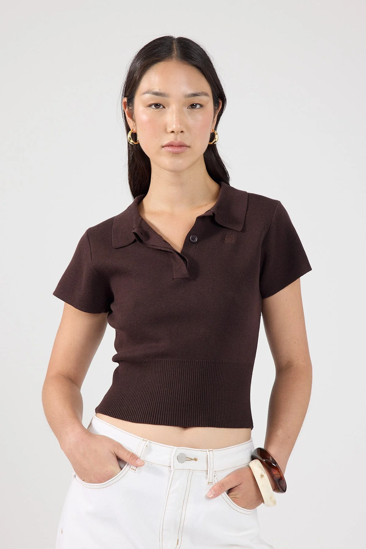 Knit Polo Top Brown
