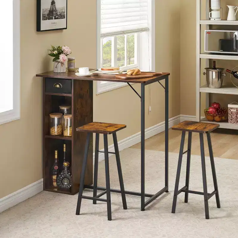 Fulvari 3 Piece Bar Table Set for 2, Small Kitchen Dining Table with 2 Stools, Counter Height Bar Table and Chair Set with Storage Drawer