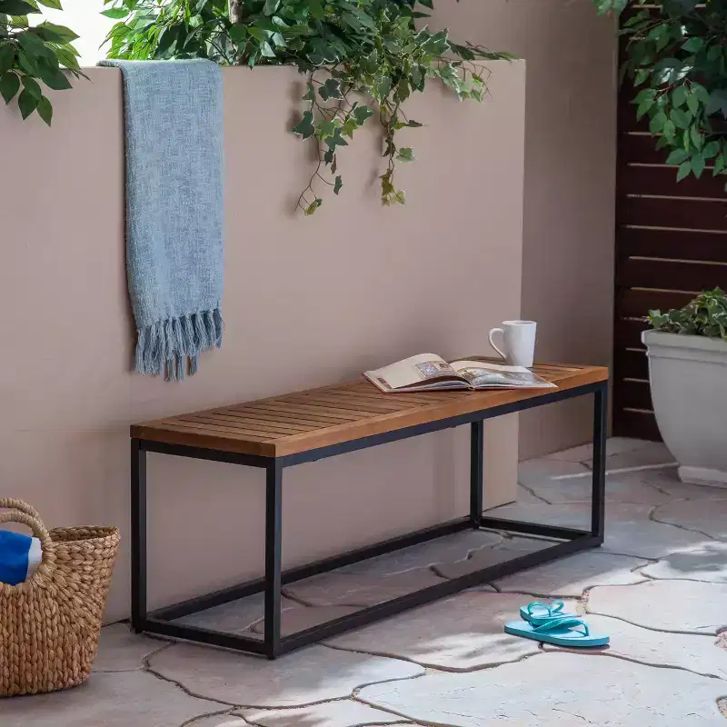 Jeco Acacia & Iron Bench - Teak/Black - Christopher Knight Home: Weather-Resistant, 2-Seater Patio Furniture