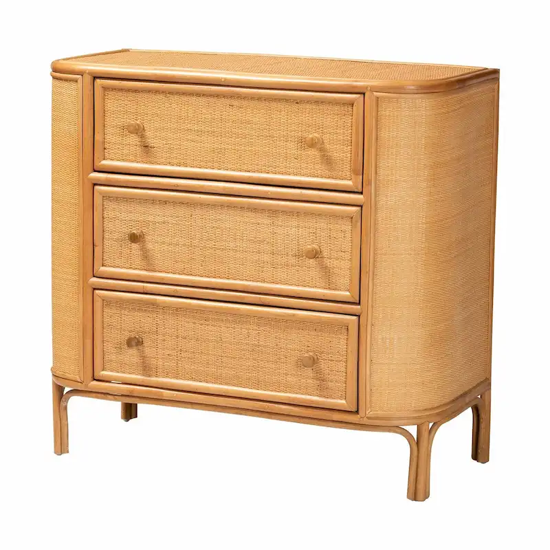 Bohemian Light Honey Rattan 3-Drawer Storage Cabinet – Boho Bedroom Dresser Organizer