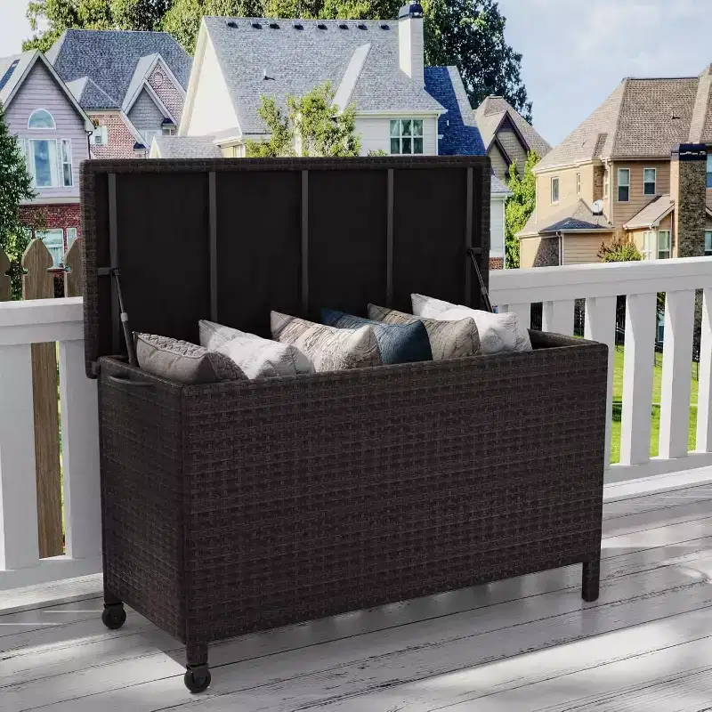 125 Gallon Outdoor Wicker Deck Box, All-Weather Waterproof Patio Storage with PE Rattan Finish & Steel Frame, for Cushions, Garden Tools