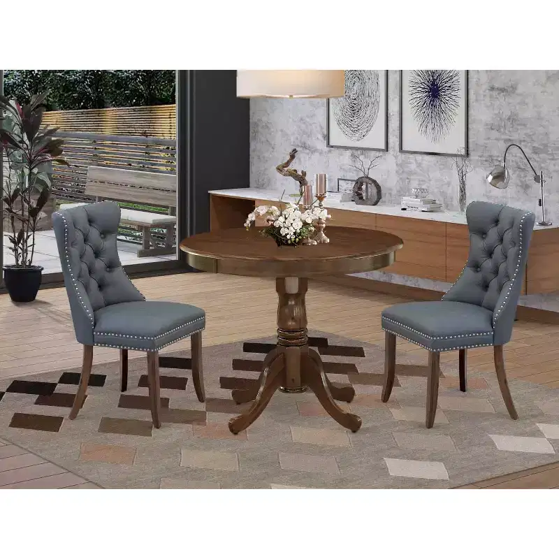 HomeStock 3-Piece Antique Walnut Finish Solid Wood Top - Round Upholstered Dining Room Set - Seats 4