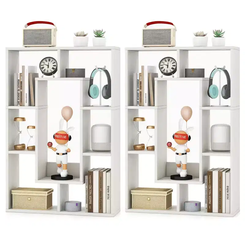 Costway 2 PCS 7-Cube Geometric Bookshelf with Anti-Toppling Device Modern Open Bookcase White/Grey/Natural