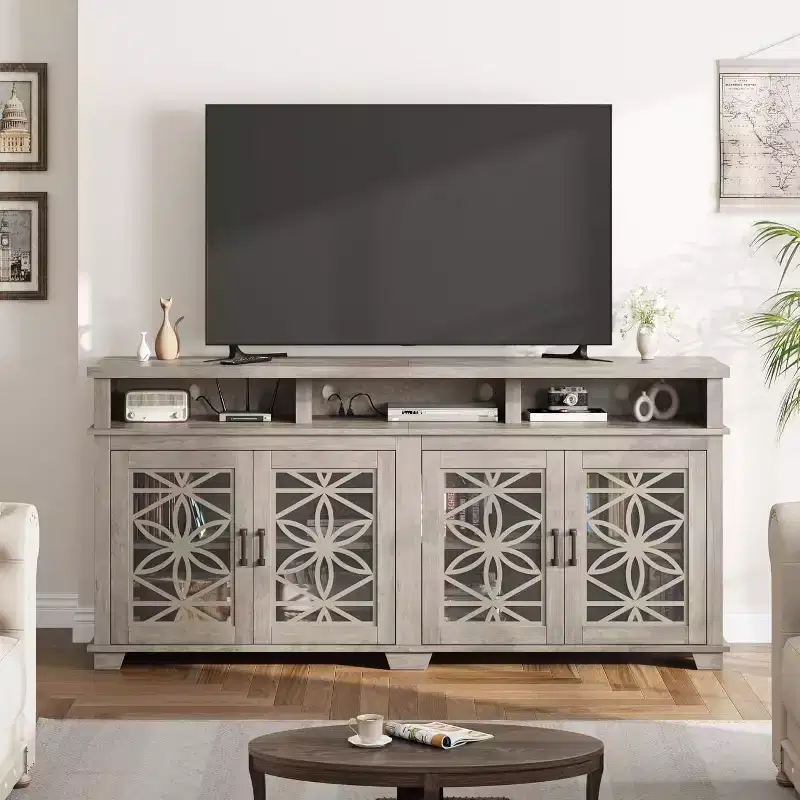 Farmhouse TV Stand for 80 TVs | LED Lights & Glass Doors | MDF Storage Cabinet | Mid-Century Modern Design | for Living Room & Bedroom