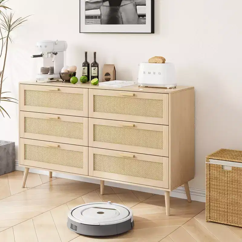 JVNOXK 6-Drawer Rattan Wardrobe, Dressing Table, Wide-Body Chest of Drawers with Wooden Handles, Rattan Storage Cabinet Suitable for Living Room
