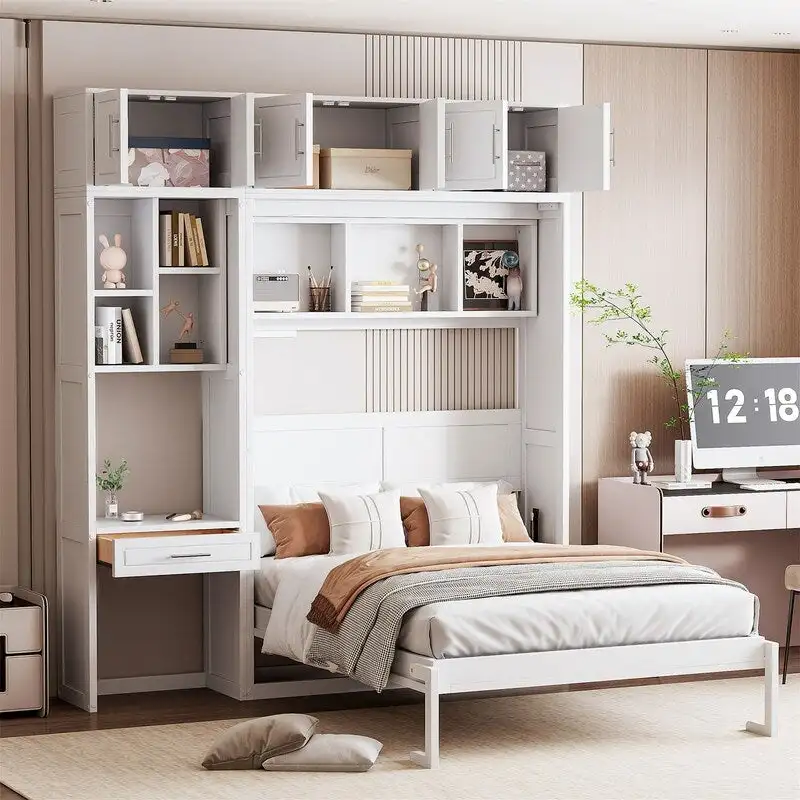 Murphy Wall Bed with Desk, Top Cabinets & Shelves – White / Grey, Full / Queen, MDF & Plywood