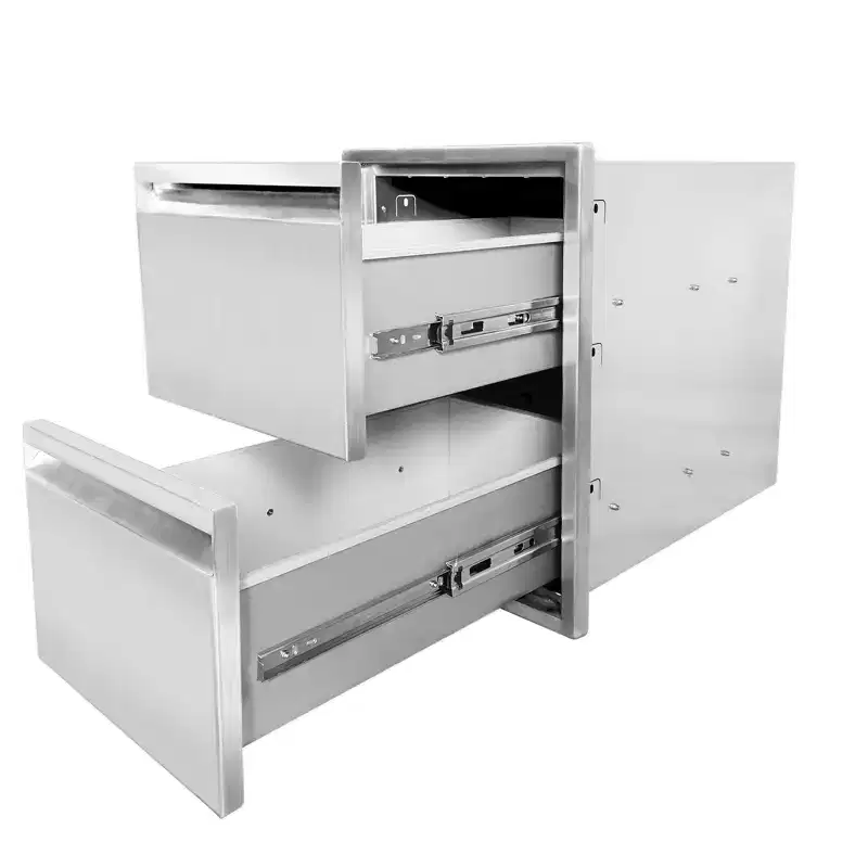Outdoor Kitchen Drawers, Stainless Steel Flush Mount BBQ Drawers with Grooved Handle,for Outdoor Kitchen Island or Patio Grill Station, 2-Layer