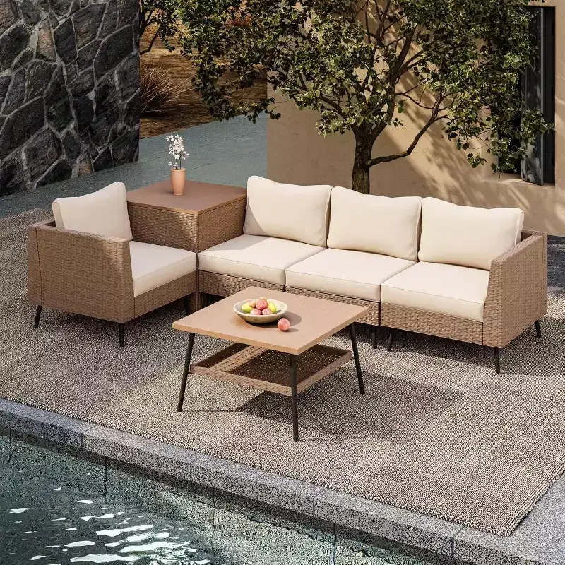 LAUSAINT HOME 6 Pieces Outdoor Patio Furniture Sets, Rattan Conversation Sectional Set with Cushions and Storage Box