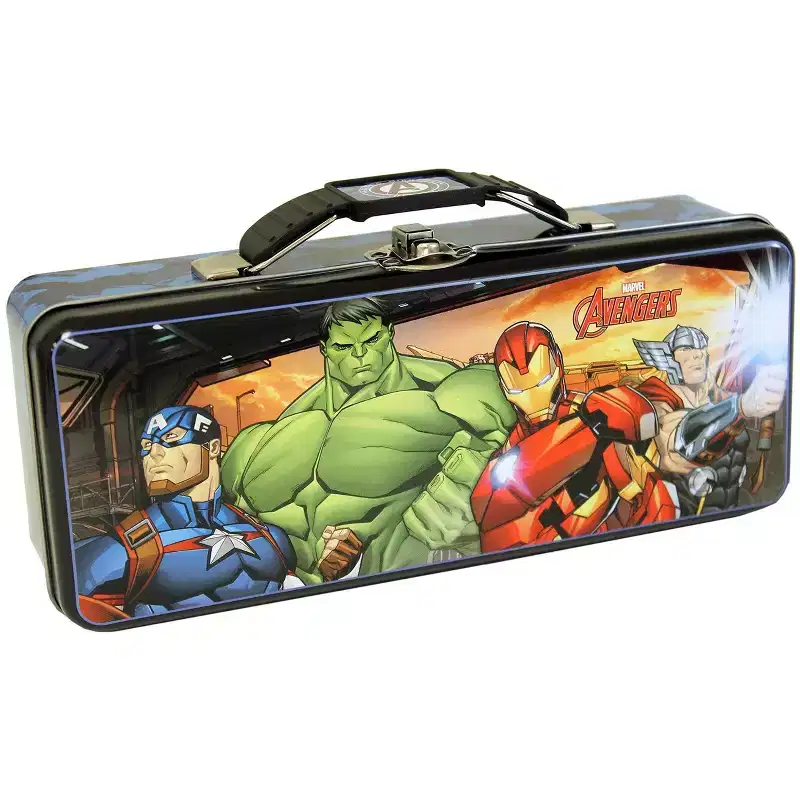 Avengers Pencil Box with Handle, Clasp & Hinge Durable Metal Storage Case for Kids & Fans