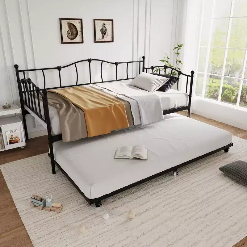 Metal Twin Daybed,Twin Size Day Bed with Pullout Trundle and Headboard,Metal Sofa Bed Frame with Steel Slat Support for Living Room,Bedroom