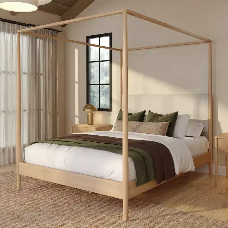 Queen Canopy Bed with Upholstered Headboard Blonde Swiss Coffee