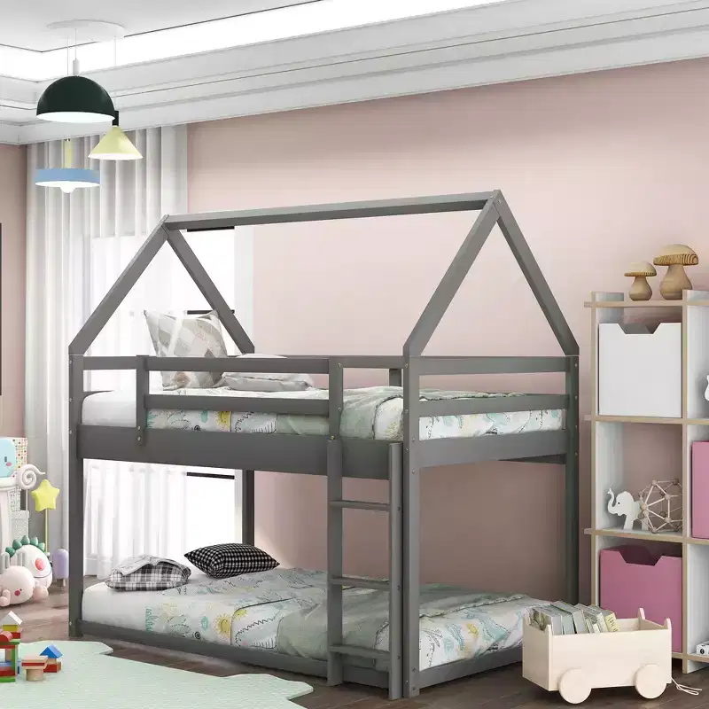 Whisen House-shaped Twin over Twin Low Bunk Bed with Ladder