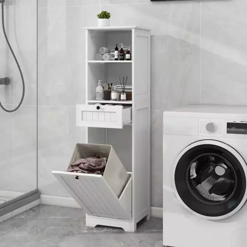 55'' Tall Bathroom Storage Cabinet, Hidden Tilt Out Laundry Hamper, Wooden Floor Cabinet For Laundry Room Living Room White
