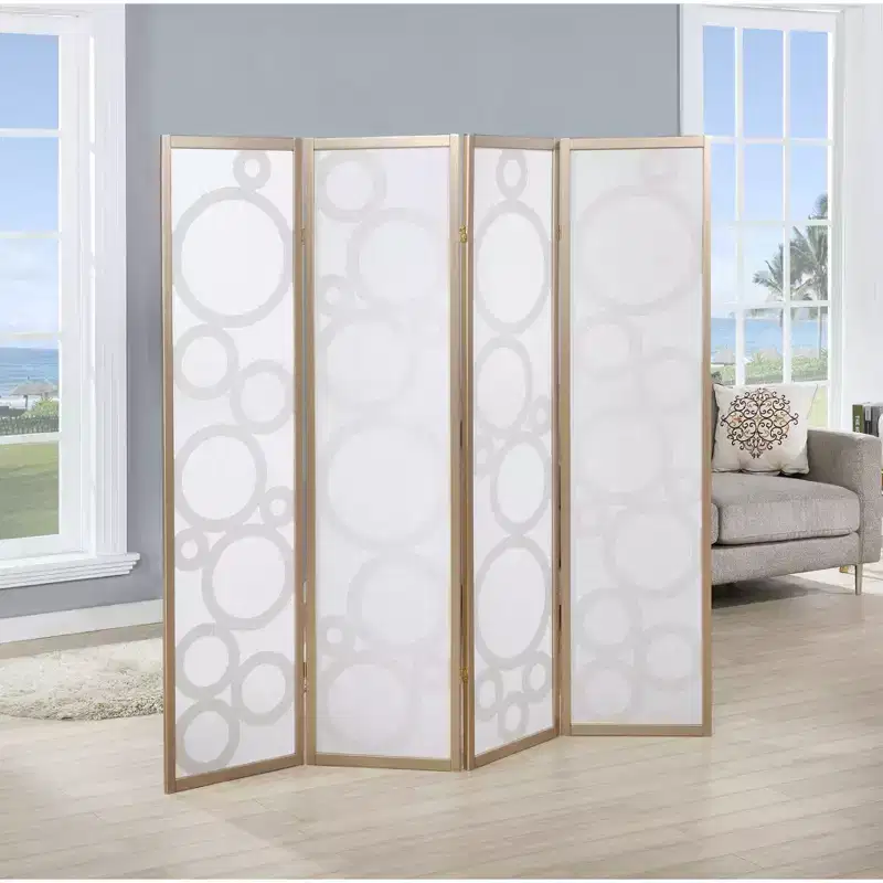 Arvada 4-Panel Wood Room Divider with Circle Pattern, Gold