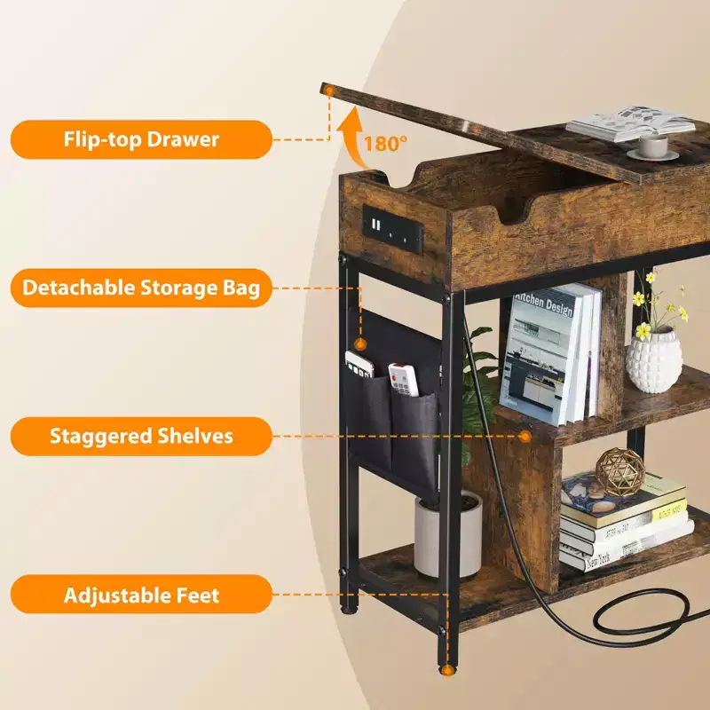 COZONY Charging End Table with USB Outlets, Flip Top Storage Shelf and Bag, Narrow Nightstand for Bedroom Small Spaces