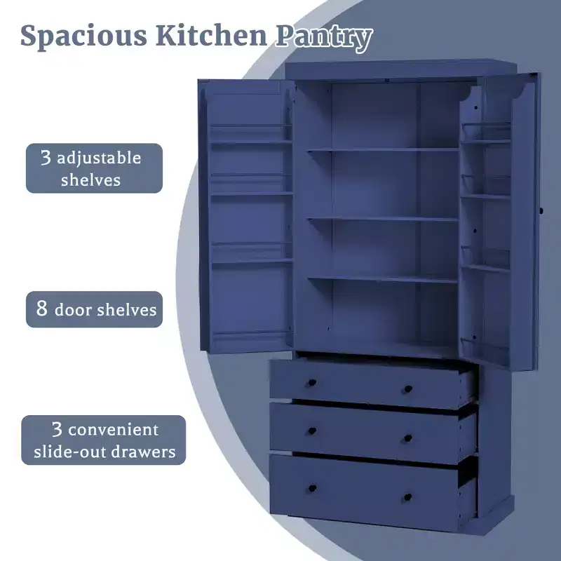 Farmhouse Kitchen Pantry Door Shelves, Freestanding Tall Cupboard Storage Cabinet with 3 Adjustable Shelves and 3 Drawers for Dining Room