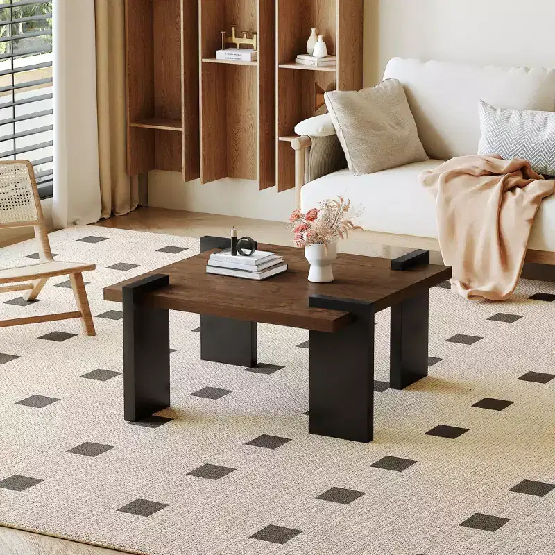 Walnut-colored MDF coffee table, suitable for modern minimalist living rooms and leisure areas, with product dimensions of 31.5*31.5*16.6inches.