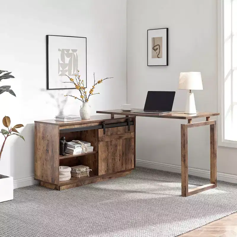L-Shaped Desk with Sliding Barn Door Credenza
