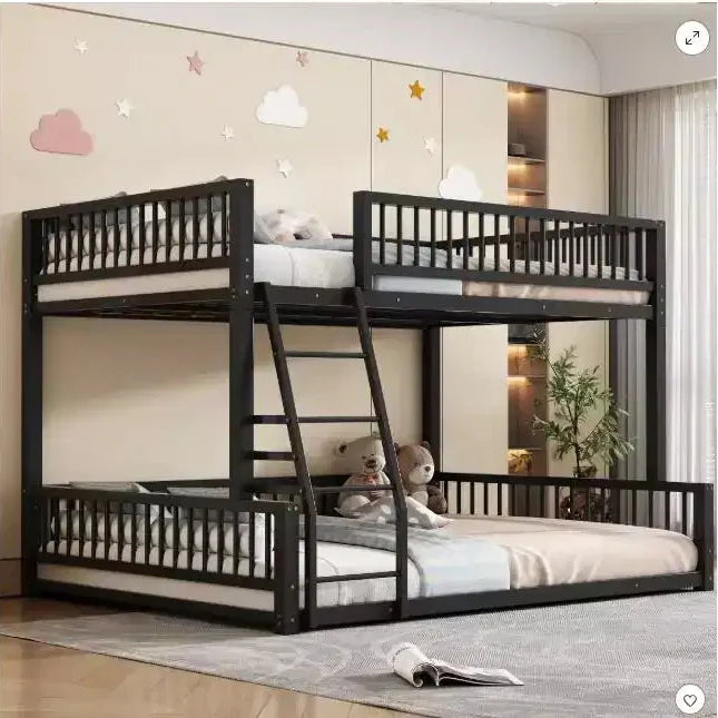 Twin XL over Queen Floor Bunk Bed Frame with Ladder and Safety Guardrails,Metal Floor Bunk Bed with Detachable Design,Easy Assemble, Black
