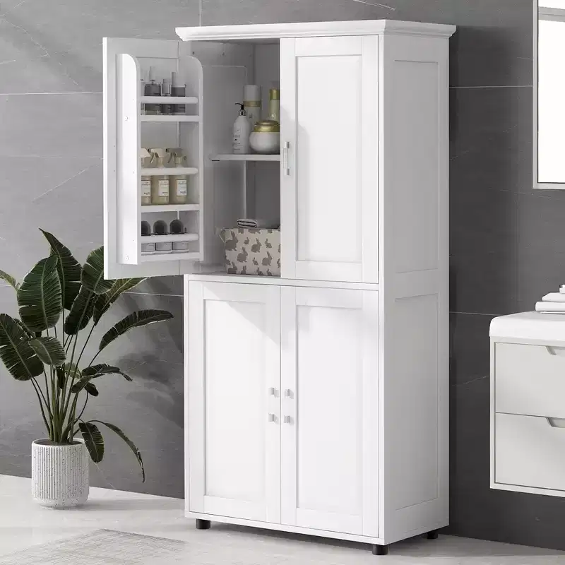 Whisen Minimalist Style Tall and Wide Storage Cabinet, Freestanding Cabinet with 4 Doors and Adjustable Shelves for Bathroom, Office - White