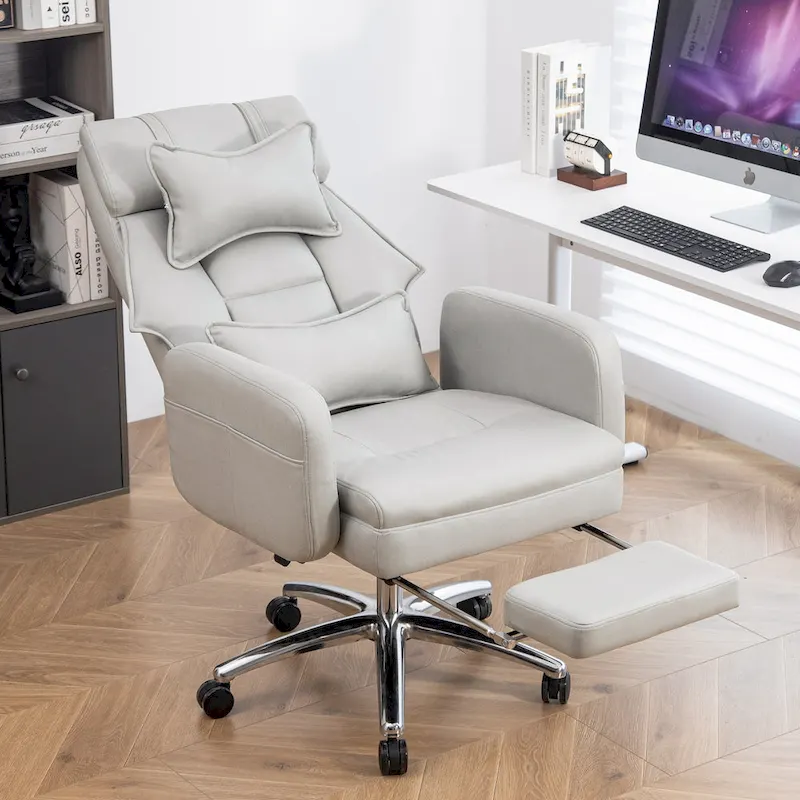 Light Grey Leather Swivel Office Recliner, Lumbar Support, Footrest