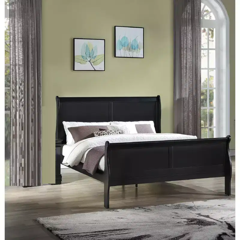 Okak 56 Full Sleigh Bed Solid Wood Youth Bed Frame with Headboard/Footboard, Low Profile Safe Design for Kids Room, Black