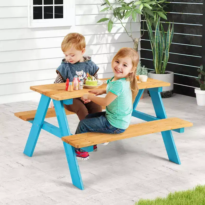 Costway Kids Picnic Table Set Children Outdoor Wooden Table with Bench Seats Backyard