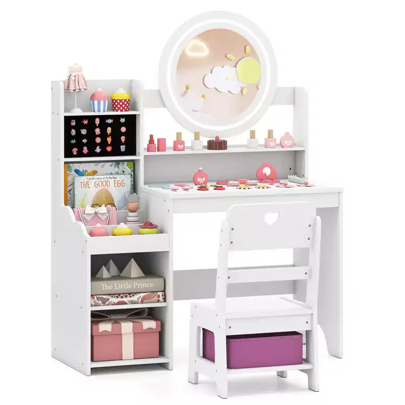 Costway Kids Vanity Table Set w/ Lighted LED Mirror Princess Dressing Table w/ Chair White