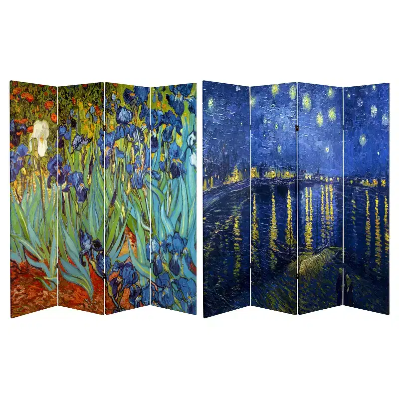 Fine Art Double Sided Room Divider Starry Night and Irises: Canvas Partition, No Assembly Required