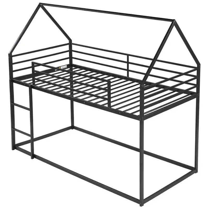 Metal Twin over Twin House-Shaped Bunk Bed with Built-in Ladder